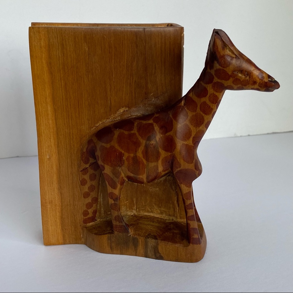 Giraffe Bookend Hand carved of wood 6” X 6” brown zoo animals one
